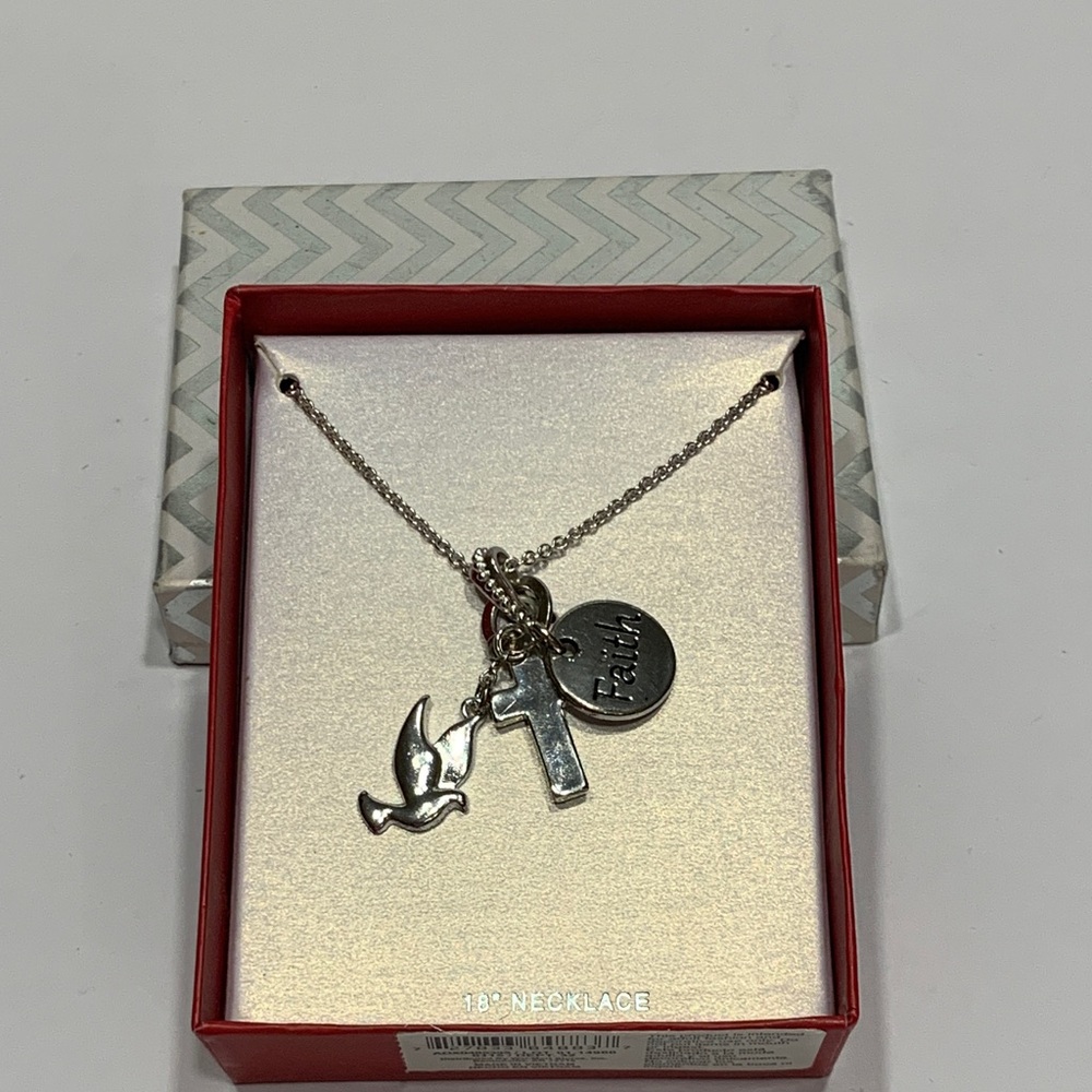 Silver Faith Necklace with Dove and Cross Charms 18” long New in box